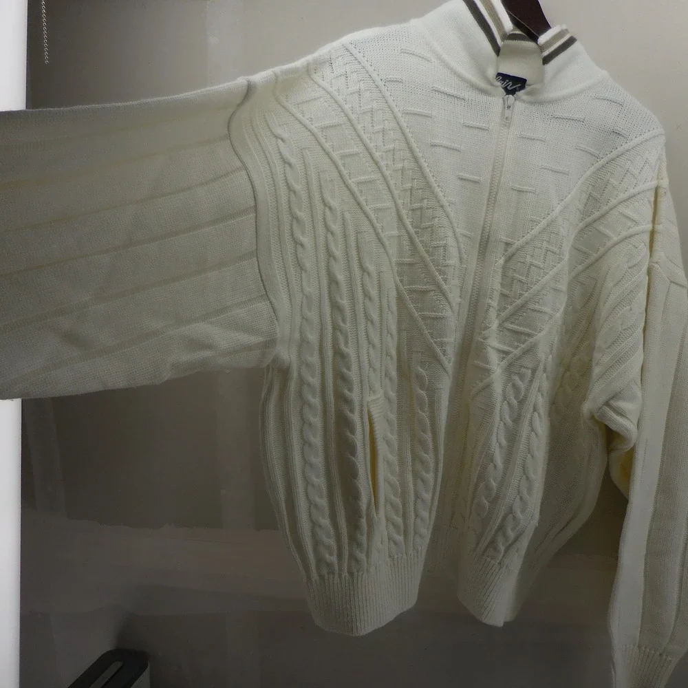 Blair Mens 3XL Full Zip Cable Knit Sweater Natural Cream Mock Neck Vintage 2173